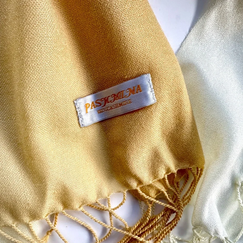100% Cashmere Pashmina Elegant Ombré Tan -Yellow Cream Shawl Wrap Scarf, 26”x70”